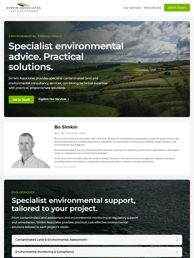 Simkin Associates environmental consultancy website designed by Theo Ramwell