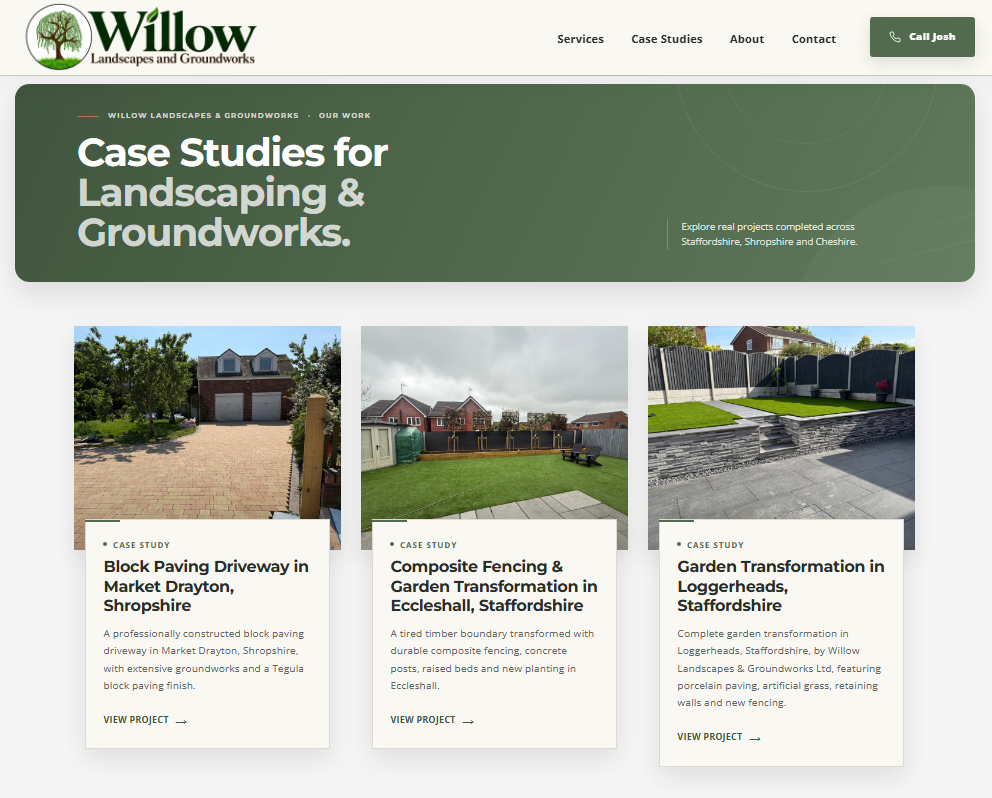 Willow Landscapes and Groundworks website case studies and project content